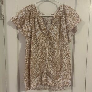LOFT Floral Flutter Sleeve Blouse Tan White